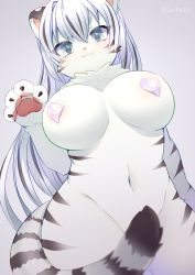 Rule 34 | 1girl, :3, animal ears, animal hands, areola slip, blush, breasts, cleavage, closed mouth, covered erect nipples, furry, furry female, grey eyes, grey hair, highres, ichigotoofu, large breasts, long hair, looking at viewer, original, smile, solo, tail, tiger ears, tiger girl, tiger tail, twitter username, white fur