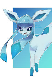 Rule 34 | animal focus, artist name, blue background, blue hair, blue sclera, blue theme, blush, border, colored sclera, creatures (company), fangs, game freak, gen 4 pokemon, glaceon, gradient background, happy, highres, jumping, ka ei volltis, light blush, long hair, looking at viewer, nintendo, no humans, open mouth, outline, outside border, pokemon, pokemon (creature), signature, simple background, smile, solo, teeth, tongue, twintails, twitter username, upper body, white border, white eyes, white outline