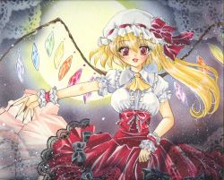 Rule 34 | 1girl, aged up, alternate costume, ascot, bad id, bad pixiv id, blonde hair, bow, claws, clothes grab, dress, embodiment of scarlet devil, female focus, fingernails, flandre scarlet, frills, full moon, gown, hat, hat bow, hat ribbon, lace, long fingernails, long hair, marker (medium), millipen (medium), mitsuba (threeleaf), moon, moonlight, nail polish, outstretched arm, pastel (medium), red eyes, ribbon, short hair, short sleeves, side ponytail, solo, touhou, traditional media, wings, wrist cuffs