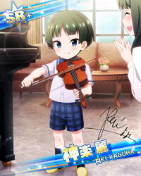 Rule 34 | 1boy, 1girl, aged down, black hair, black socks, blue eyes, bow (music), card (medium), character name, character signature, child, couch, fingernails, holding, holding instrument, holding violin, idolmaster, idolmaster side-m, instrument, kagura rei, kagura rei&#039;s mother, official art, open mouth, short sleeves, shorts, slippers, smile, socks, teeth, upper teeth only, violin