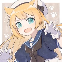 Rule 34 | 1girl, animal ears, ark kan, black neckerchief, blonde hair, blue eyes, blue sailor collar, cat ears, claw pose, commentary, commentary request, commission, curled fingers, dress, fang, gloves, hat, jervis (kancolle), kantai collection, long hair, neckerchief, paw print, sailor collar, sailor dress, sailor hat, skin fang, solo, upper body, white gloves, white hat