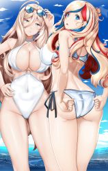 Rule 34 | 2girls, absurdres, alternate costume, ass, bikini, blonde hair, blue eyes, blue sky, blush, breasts, chiyo goya, cleavage, cloud, collarbone, commandant teste (kancolle), criss-cross halter, day, from behind, gluteal fold, halterneck, hand under clothes, highres, kantai collection, large breasts, long hair, looking at viewer, mole, mole under eye, multicolored hair, multiple girls, navel, o-ring, o-ring bikini, one-piece swimsuit, outdoors, richelieu (kancolle), side-tie bikini bottom, sky, sunglasses, swimsuit, thighs, upper body, white bikini, white one-piece swimsuit