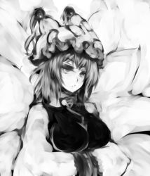 Rule 34 | 1girl, acryl, bad id, bad pixiv id, breasts, female focus, greyscale, hands in opposite sleeves, hat, monochrome, solo, tabard, tail, touhou, upper body, v-shaped eyebrows, white background, yakumo ran