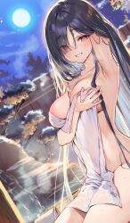 Rule 34 | 1girl, arm behind head, armpits, bamboo fence, bath, bathing, black hair, blunt bangs, blush, breasts, cloud, cloudy sky, collarbone, covering privates, eyes visible through hair, fence, full moon, highres, large breasts, long hair, looking at viewer, moon, naked towel, night, night sky, nude, nude cover, onsen, open mouth, original, outdoors, red eyes, rock, shuri (84k), sitting, sky, smile, solo, star (sky), starry sky, towel, water, wet, wet towel, white towel