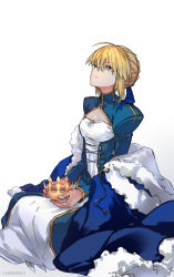 Rule 34 | 1girl, ahoge, artoria pendragon (all), artoria pendragon (fate), blonde hair, blue cape, blue ribbon, braid, cape, unworn cape, carimarica, dress, expressionless, fate/grand order, fate (series), french braid, from side, fur-trimmed cape, fur trim, green eyes, highres, indian style, juliet sleeves, long sleeves, looking up, puffy sleeves, ribbon, saber (fate), sitting, solo, white background