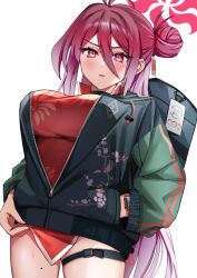 Rule 34 | 1girl, 8n0 g, antenna hair, blue archive, blush, breasts, china dress, chinese clothes, commentary, dress, hair between eyes, hair bun, halo, highres, jacket, large breasts, letterman jacket, looking at viewer, mole, mole on collarbone, mole on thigh, mole under eye, red dress, red eyes, red hair, reijo (blue archive), simple background, single side bun, solo, thigh strap, white background