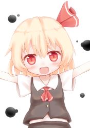 Rule 34 | 1girl, ascot, blonde hair, embodiment of scarlet devil, fang, female focus, hair ribbon, open mouth, outstretched arms, red eyes, ribbon, rumia, shize (coletti), short hair, solo, touhou, upper body