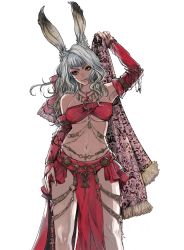 Rule 34 | 1girl, animal ears, arm at side, arm up, armpit peek, warrior of light (ff14), bandeau, bare shoulders, breasts, closed mouth, commentary request, dancer (final fantasy), detached sleeves, feet out of frame, fictional persona, final fantasy, final fantasy xiv, fingernails, gem, grey hair, groin, head tilt, highres, holding, jewelry, lips, long fingernails, long hair, looking at viewer, medium breasts, midriff, nail polish, navel, pelvic curtain, pink nails, rabbit ears, simple background, smile, solo, standing, stomach, strapless, underboob, viera, white background, yellow eyes, yum0811