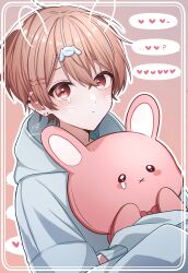 Rule 34 | 1boy, absurdres, border, brown background, brown eyes, brown hair, crying, crying with eyes open, drawn ears, drawn whiskers, ear piercing, earrings, hair ornament, heart, highres, jewelry, komusubi moru, looking at viewer, male focus, mole, mole under eye, original, piercing, rabbit hair ornament, speech bubble, spoken heart, stuffed animal, stuffed rabbit, stuffed toy, tears, white border