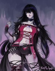 Rule 34 | 1girl, armor, belt, black hair, black neckwear, breasts, choker, contrapposto, highres, long hair, looking to the side, pale skin, parted lips, pink lips, short shorts, shorts, solo, standing, tales of (series), tales of berseria, tofucakes, torn clothes, twitter username, underboob, velvet crowe, yellow eyes
