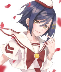 Rule 34 | 1girl, aika granzchesta, aria (manga), blue hair, blurry, blurry background, bow, bowtie, brown eyes, closed mouth, collarbone, depth of field, dress, earrings, eyelashes, falling petals, hair between eyes, hair ornament, hand up, highres, himeya company uniform, jewelry, kiri meee, parted bangs, petals, red bow, red bowtie, red headwear, sailor collar, shadow, short hair, simple background, smile, solo, stud earrings, two-tone headwear, upper body, white dress, white headwear, x hair ornament