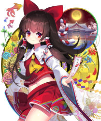 Rule 34 | 1girl, absurdres, ascot, between fingers, blue flower, bow, brown hair, closed mouth, cowboy shot, detached sleeves, fish, floral background, floral print, flower, full moon, hair bow, hair tubes, hakurei reimu, highres, holding, long hair, looking at viewer, midriff peek, miniskirt, moon, multicolored clothes, multicolored skirt, navel, night, nontraditional miko, pink flower, pleated skirt, rainbow print, red bow, red eyes, red flower, red shirt, red skirt, ribbon-trimmed skirt, ribbon-trimmed sleeves, ribbon trim, shirt, shrine, skirt, skirt set, smile, solo, standing, touhou, wide sleeves, yellow ascot, yellow flower, yellow moon, yuujin (yuzinn333)