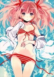 Rule 34 | 1girl, :&lt;, absurdres, bare shoulders, bikini, blue eyes, blush, front-tie top, highres, looking at viewer, lying, navel, off shoulder, on back, open clothes, open shirt, original, pink hair, red bikini, red hair, shirt, side-tie bikini bottom, solo, striped bikini, striped clothes, submerged, swimsuit, tan (tangent), tears, ted (artist), thigh gap, twintails, untied