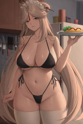 Rule 34 | 1girl, bikini, black bikini, breasts, closed mouth, commentary, cowboy shot, english commentary, food, genshin impact, hair ornament, hair stick, hand up, highres, holding, large breasts, long hair, looking at viewer, maid headdress, navel, ningguang (genshin impact), omelet, omurice, orange eyes, side-tie bikini bottom, smile, solo, stomach, swimsuit, thighhighs, thighs, underboob, white hair, white thighhighs, zaphn