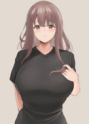 Rule 34 | 1girl, absurdres, arm behind back, black shirt, blunt bangs, blush, breast suppress, breasts, brown eyes, brown hair, closed mouth, eyes visible through hair, hand on own chest, highres, holding, holding own hair, huge breasts, leaning forward, light frown, long hair, looking at viewer, neneneji, original, shirt, sidelocks, simple background, solo, t-shirt, tan background, tareme, tight clothes, tight shirt, upper body, v-neck