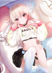 Rule 34 | 1girl, black skirt, blonde hair, blue nails, breasts, closed mouth, commentary request, controller, crop top, drawstring, game controller, heart, heart-shaped pupils, highres, holding, hood, hood down, hoodie, keyboard (computer), long hair, long sleeves, looking at viewer, lying, mafuyu (chibi21), midriff, multicolored nails, navel, on back, original, pillow, pink nails, pleated skirt, puffy long sleeves, puffy sleeves, red eyes, single sock, single thighhigh, skirt, sleeves past wrists, small breasts, smile, socks, solo, symbol-shaped pupils, thighhighs, white hoodie, white socks, white thighhighs