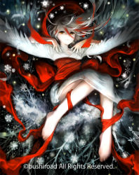 Rule 34 | 10s, 1girl, barefoot, breasts, cardfight!! vanguard, cleavage, company name, cosmetic snowfall shirayuki, feathered wings, feathers, full body, hair between eyes, isaki uta, japanese clothes, kimono, long hair, looking at viewer, multicolored hair, official art, pale skin, red hair, silver hair, small breasts, smile, snowflakes, solo, two-tone hair, wings, yellow eyes
