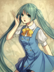 Rule 34 | 1girl, bad id, bad pixiv id, bow, bowtie, dress, green eyes, green hair, hatsune miku, long hair, looking at viewer, matching hair/eyes, open mouth, solo, sx (shouhou02), twintails, very long hair, vocaloid