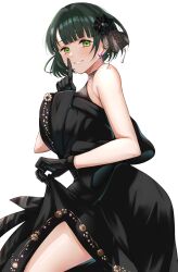 1girl absurdres armpit_crease black_dress black_flower blunt_bangs blush breasts commentary_request cowboy_shot dress earrings flower green_eyes green_hair grin hair_flower hair_ornament highres ixianim jewelry large_breasts link!_like!_love_live! looking_at_viewer looking_back love_live! momose_ginko momose_ginko_(16th_birthday) short_hair side_slit simple_background skirt_hold sleeveless sleeveless_dress smile solo star_(symbol) star_earrings virtual_youtuber white_background