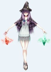 Rule 34 | 1girl, blue eyes, capelet, crescent, crescent moon, crossed legs, crystal, facing viewer, female focus, full body, gem, hat, high heels, highres, legs, crossed legs, long hair, moon, patchouli knowledge, purple hair, realistic, ribbon, rock, sandals, shoes, solo, sousou (sousouworks), standing, touhou, watson cross, witch hat