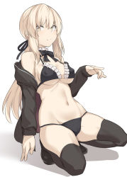 Rule 34 | 1girl, artoria pendragon (all), artoria pendragon (alter swimsuit rider) (second ascension) (fate), artoria pendragon (fate), bikini, black bikini, black jacket, black ribbon, blonde hair, blush, breasts, fate/grand order, fate/stay night, fate (series), frilled bikini, frills, jacket, long hair, long sleeves, looking at viewer, low ponytail, maid, maid bikini, navel, open clothes, open jacket, ponytail, ribbon, saber alter, shiseki hirame, simple background, solo, swimsuit, thighhighs, unconventional maid, white background, yellow eyes