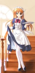 Rule 34 | 1girl, absurdres, apron, bow, dress, female focus, high heels, highres, long hair, maid, maid apron, maid headdress, norizou type-r, pantyhose, serio (to heart), shoes, solo, stairs, thighhighs, to heart, to heart (series), tray, white thighhighs