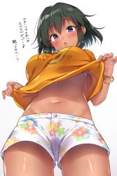 Rule 34 | 1girl, :o, breasts, clothes lift, cowboy shot, dark-skinned female, dark skin, floral print, from below, green hair, groin, idolmaster, idolmaster cinderella girls, large breasts, lifted by self, looking at viewer, midriff, natalia (idolmaster), navel, open mouth, orange shirt, purple eyes, shirt, shirt lift, short hair, short shorts, shorts, sidelocks, simple background, solo, translation request, trente, white background, white shorts
