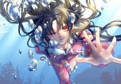 Rule 34 | 1girl, ;), air bubble, black hair, breasts, bubble, dress, earrings, fate/grand order, fate (series), foreshortening, fur trim, highres, hoop earrings, ishtar (fate), jewelry, long hair, long sleeves, looking at viewer, medium breasts, one eye closed, parted lips, pink dress, pink thighhighs, reaching, reaching towards viewer, red eyes, short dress, single thighhigh, smile, solo, thighhighs, tohsaka rin, two side up, underwater, yuu+1