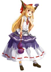 Rule 34 | 1girl, ascot, bad id, bad twitter id, blonde hair, bobby socks, bottle, bow, chain, fangs, full body, hair bow, hair ornament, hair ribbon, hand on own hip, highres, horn bow, horn ornament, horn ribbon, horns, ibuki suika, inactive account, loafers, long hair, looking at viewer, nishiuri, open mouth, pointy ears, red bow, red eyes, ribbon, ribbon-trimmed skirt, ribbon trim, sake bottle, shirt, shoes, simple background, skirt, sleeveless, smile, socks, solo, standing, touhou, very long hair, white background, white socks, wrist cuffs