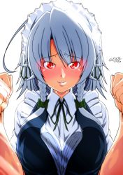 Rule 34 | 1girl, ahoge, blue hair, breasts, clenched hands, commentary request, dated, hair ribbon, izayoi sakuya, large breasts, long hair, maid headdress, parted lips, puffy sleeves, red eyes, ribbon, signature, simple background, smile, solo, tatsuya (guild plus), touhou, upper body, white background