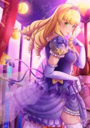 Rule 34 | 1girl, absurdres, blonde hair, blunt bangs, breasts, closed mouth, commentary request, cowboy shot, dress, drill hair, elbow gloves, finger to mouth, garter straps, gloves, green eyes, heanna sumire, highres, jewelry, long hair, love live!, love live! superstar!!, necklace, nonfiction!! (love live!), pearl necklace, puffy short sleeves, puffy sleeves, purple dress, short dress, short sleeves, small breasts, smile, solo, thighhighs, tiara, white gloves, white thighhighs, yuuyu (sun yuu), zettai ryouiki