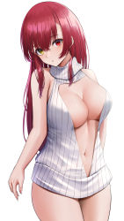 Rule 34 | 1girl, :o, absurdres, arm behind back, backwards virgin killer sweater, bare shoulders, breasts, cowboy shot, hair between eyes, hair down, heterochromia, highres, hololive, houshou marine, laimer, large breasts, long hair, looking at viewer, meme attire, navel, no pants, parted lips, red eyes, red hair, simple background, solo, stomach, straight hair, sweater, thighs, turtleneck, turtleneck sweater, virtual youtuber, white background, white sweater, yellow eyes