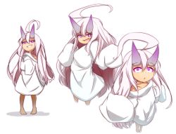 Rule 34 | 1girl, :d, absurdres, ahoge, bare shoulders, barefoot, blush, collarbone, colored eyelashes, commentary request, fang, full body, glowing, grin, hair between eyes, highres, horns, huge ahoge, idaten93, long hair, long sleeves, looking at viewer, multiple views, off shoulder, open mouth, original, oversized clothes, oversized shirt, parted lips, pigeon-toed, purple eyes, ruua (idaten93), shadow, shirt, simple background, sleeves past fingers, sleeves past wrists, smile, standing, very long hair, white background, white hair, white shirt