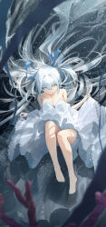 Rule 34 | 1girl, absurdres, air bubble, bare shoulders, barefoot, blue eyes, bow, breasts, bubble, cleavage, coral, dress, grey hair, hair bow, hair ornament, heterochromia, hidulume, highres, large breasts, long hair, looking at viewer, original, sleeveless, sleeveless dress, smile, solo, submerged, underwater, very long hair, white dress, white hair, yellow eyes