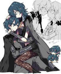 Rule 34 | 1boy, 1girl, armor, black cloak, black gloves, black pantyhose, black shorts, blue eyes, blue hair, breasts, byleth (female) (fire emblem), byleth (fire emblem), byleth (male) (fire emblem), cape, cloak, clothing cutout, detached collar, dual persona, eyelashes, fire emblem, fire emblem: three houses, from side, gloves, hair between eyes, hand on head, heart, highres, hug, japanese text, long hair, looking at another, medium breasts, midriff, navel, navel cutout, nintendo, on lap, pantyhose, short hair, short shorts, shorts, sitting, sitting on person, tassel, vambraces, veil, welcome siesta, white background