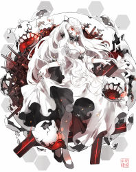 Rule 34 | 10s, 1girl, abyssal ship, breasts, cleavage, covered mouth, dress, horns, kantai collection, large breasts, long hair, looking at viewer, midway princess, nine (liuyuhao1992), pale skin, red eyes, solo, veins, very long hair, white dress, white hair