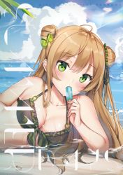 Rule 34 | 1girl, ahoge, bare shoulders, beach, bikini, blue sky, blush, bow, breasts, brown hair, cleavage, cloud, collarbone, cover, cover page, day, double bun, food, girls&#039; frontline, green bow, green eyes, hair between eyes, hair bow, hair bun, holding, holding food, long hair, looking at viewer, lying, medium breasts, multicolored bikini, multicolored clothes, ocean, on side, outdoors, partially submerged, popsicle, rfb (girls&#039; frontline), sand, sidelocks, sky, solo, swimsuit, tohoorin, wet
