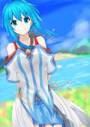 Rule 34 | 1girl, absurdres, blue hair, blue skirt, blurry, blurry background, blush, breasts, collarbone, commentary request, day, hair between eyes, highres, homura0620alicia, long hair, looking at viewer, medium breasts, original, outdoors, ribbon, skirt, smile, solo, water, yellow ribbon