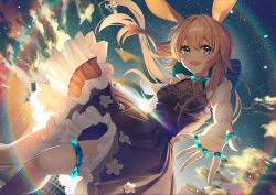 Rule 34 | 1girl, absurdres, amiya (arknights), animal ears, arknights, backlighting, bare legs, black dress, blue bow, blue eyes, blue sky, blush, bow, breasts, brown hair, building, cloud, commentary, dot nose, dress, dutch angle, feet out of frame, floral print, flower, frilled dress, frills, hair bow, highres, infection monitor (arknights), jewelry, lens flare, long hair, looking at viewer, multiple rings, open mouth, outdoors, outstretched hand, rabbit ears, rabbit girl, rainbow, reaching, reaching towards viewer, ring, sallyzaemon, sky, small breasts, smile, solo, thigh strap, white flower