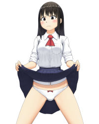 Rule 34 | 1girl, ascot, black eyes, black hair, blue skirt, blush, bow, bow panties, closed mouth, clothes lift, commentary request, cowboy shot, crotch seam, dress shirt, frown, lifted by self, long hair, long sleeves, looking at viewer, maburu (lojyq1eur3e8bit), miniskirt, original, panties, pleated skirt, red ascot, school uniform, shirt, simple background, skirt, skirt lift, sleeves rolled up, solo, standing, underwear, white background, white panties, wing collar