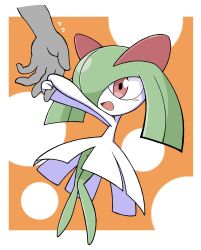 Rule 34 | colored skin, creatures (company), envi55109095, game freak, gen 3 pokemon, grabbing another&#039;s hand, green hair, hair over one eye, highres, kirlia, long hair, multicolored skin, nintendo, open mouth, orange background, out of frame, pink eyes, pokemon, pokemon (creature), simple background, smile, two-tone skin, white skin