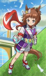 Rule 34 | 1girl, animal ears, biko pegasus (umamusume), blue eyes, brown hair, clenched hand, ear ornament, emapippi, from above, gloves, grass, highres, horse ears, horse girl, horse tail, jacket, looking ahead, purple jacket, short hair, short sleeves, shorts, solo, tail, tracen academy, umamusume, white footwear, white gloves, white shorts
