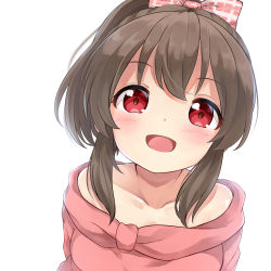 Rule 34 | 1girl, :d, backlighting, bare shoulders, blush, bow, breasts, brown hair, collarbone, commentary request, hair bow, high ponytail, highres, hori yuuko, idolmaster, idolmaster cinderella girls, looking at viewer, medium breasts, medium hair, off shoulder, open mouth, pink bow, plaid, plaid bow, raised eyebrows, red eyes, short ponytail, simple background, smile, solo, sora (silent square), tareme, white background, white day