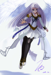 Rule 34 | 1girl, ancient ys vanished, bad id, bad pixiv id, blue eyes, dated, legs, miyazakisoul, reah (ys), signature, silver hair, solo, thighhighs, white background, wings, ys, ys origin