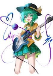 Rule 34 | 1girl, ailu elf, black hat, collared shirt, commentary request, crystal necklace, diamond (gemstone), eyeball, floral print, green eyes, green hair, green skirt, guitar, hat, hat ribbon, heart, heart of string, highres, instrument, jewelry, komeiji koishi, long sleeves, looking at viewer, music, necklace, open mouth, playing instrument, pleated skirt, ribbon, shirt, simple background, skirt, solo, third eye, touhou, white background, yellow ribbon, yellow shirt