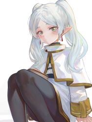 Rule 34 | 1girl, black pantyhose, book, capelet, chibi, chibi inset, closed mouth, dokomon, earrings, elf, eyebrows hidden by hair, feet out of frame, frieren, green eyes, grey hair, hand up, highres, jewelry, long hair, long sleeves, looking at viewer, pantyhose, parted bangs, pointy ears, shirt, short eyebrows, simple background, sitting, skirt, solo, sousou no frieren, striped clothes, striped shirt, thick eyebrows, twintails, white background, white capelet, white skirt