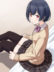 Rule 34 | 1girl, bed sheet, black hair, black pantyhose, blush, bow, bowtie, breasts, brown cardigan, brown skirt, cardigan, check commentary, checkered clothes, checkered skirt, commentary request, idolmaster, idolmaster shiny colors, legs, lielos, long sleeves, looking at viewer, morino rinze, on bed, pantyhose, pink bow, pink bowtie, red eyes, removing legwear, shirt, short hair, simple background, sitting, skirt, small breasts, smile, solo, striped bow, striped bowtie, striped clothes, thighs, white shirt