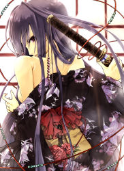 Rule 34 | 1girl, bare shoulders, flower, highres, japanese clothes, katana, kimono, looking back, muso-comet, original, purple eyes, purple hair, red rose, rose, solo, sword, undressing, weapon