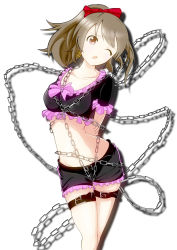 Rule 34 | 10s, 1girl, arms behind back, belt, black shorts, bow, brown eyes, brown hair, chain, collarbone, crop top, earrings, frilled shirt, frilled shorts, frills, groin, hair bow, hori yuuko, idolmaster, idolmaster cinderella girls, jewelry, long hair, navel, one eye closed, open mouth, pandatyama1, ponytail, red bow, shirt, shorts, simple background, solo, star (symbol), star earrings, white background
