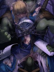 Rule 34 | absurdres, abuse, ahoge, artoria pendragon (all), artoria pendragon (fate), bad end, beaten, blonde hair, blood, blue dress, bound, bound arms, bruise, bruise on face, bruised eye, chain, defeat, domination, dress, empty eyes, evening, fate (series), forest, goblin, good end, highres, huge filesize, humiliation, impregnation, injury, leg grab, mature female, nature, open mouth, outdoors, peeing, prisoner, pussy, rape, saber (fate), sex, size difference, spread legs, torn clothes, trophy, unconscious, wide-eyed
